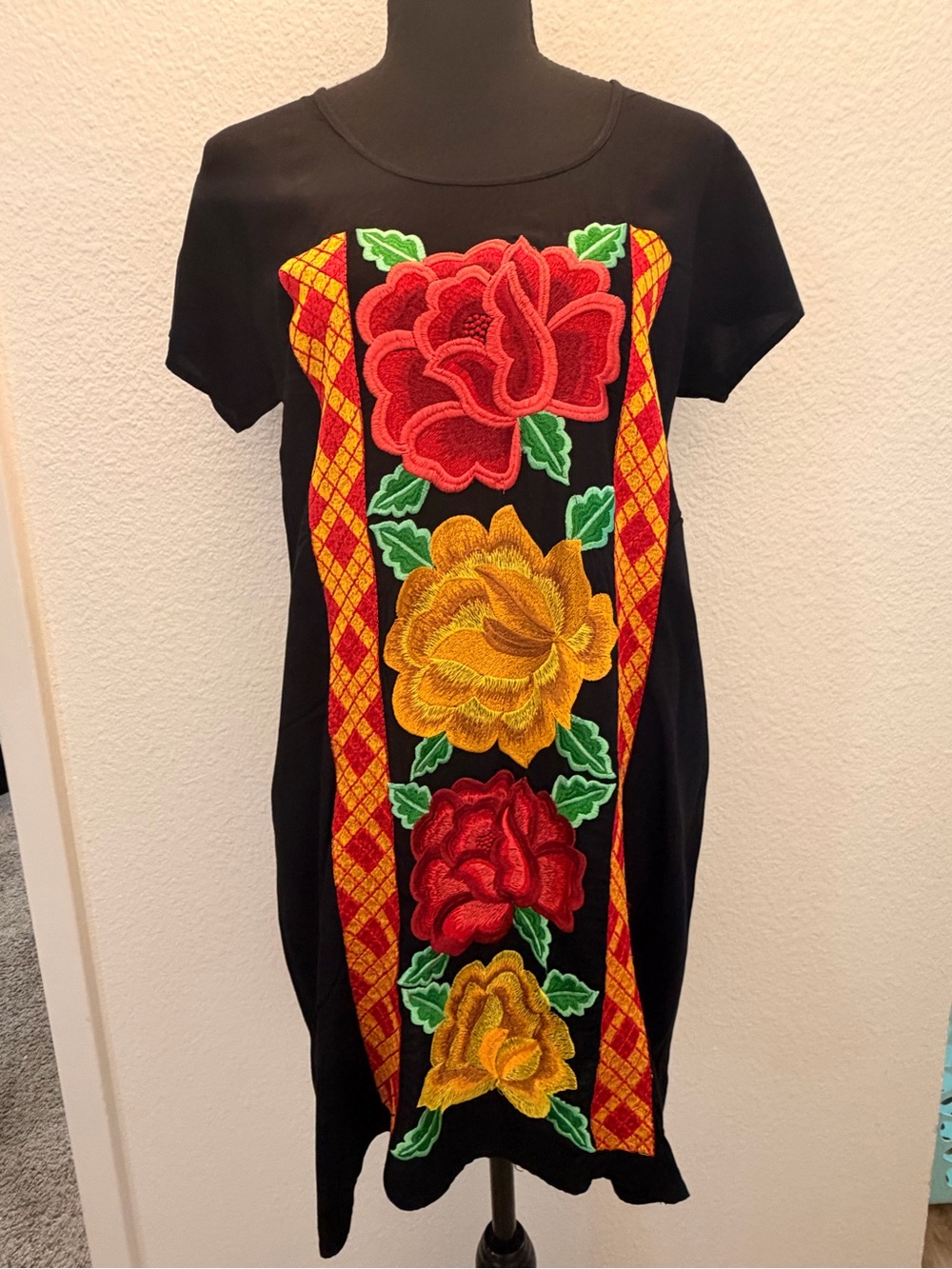 Black Embroidered Floral Mini Dress - Red & Yellow Roses